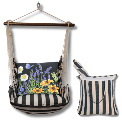 Black outdoor swing crafted by the artisans of Magnolia Casual called the Swing Set 4 piece True Black Stripe w/ Garden Meadow 1 featuring 100 percent weather resistant fabric, weather resistant polyester fabric, handcrafted shown against a clean backdrop featuring with a stripe motif and shades of black.