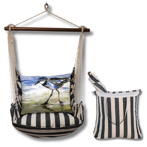 Black outdoor swing crafted by the artisans of Magnolia Casual called the Swing Set 4 piece True Black Stripe w/ Sandpiper featuring 100 percent weather resistant fabric, weather resistant polyester fabric, handcrafted shown against a clean backdrop featuring with a stripe motif and shades of black.