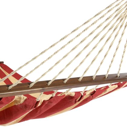 Multi colored outdoor textile crafted by the artisans of Magnolia Casual called the Hammock Americana Stripe featuring 100 percent weather resistant fabric, weather resistant polyester fabric, sustainably sourced, artisan shown against a clean backdrop featuring with a stripe motif.