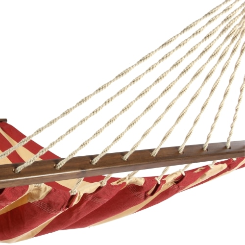 Multi colored outdoor textile crafted by the artisans of Magnolia Casual called the Hammock Americana Stripe featuring 100 percent weather resistant fabric, weather resistant polyester fabric, sustainably sourced, artisan shown against a clean backdrop featuring with a stripe motif.