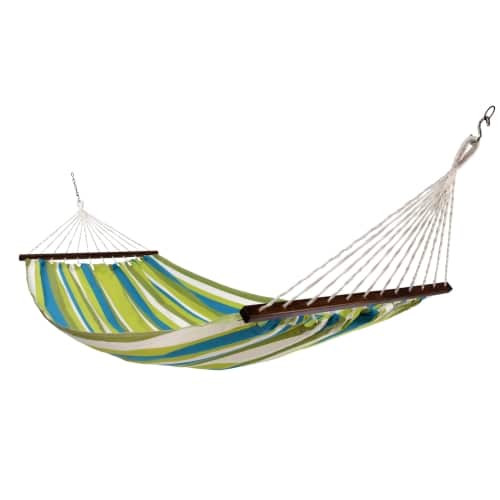 Multi colored outdoor textile crafted by the artisans of Magnolia Casual called the Hammock Beach Boulevard Stripe featuring 100 percent weather resistant fabric, weather resistant polyester fabric, sustainably sourced, artisan shown against a clean backdrop featuring with a stripe motif.