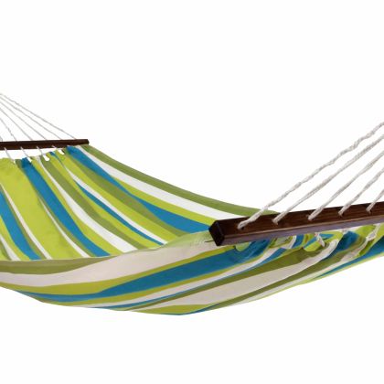 Multi colored outdoor textile crafted by the artisans of Magnolia Casual called the Hammock Beach Boulevard Stripe featuring 100 percent weather resistant fabric, weather resistant polyester fabric, sustainably sourced, artisan shown against a clean backdrop featuring with a stripe motif.