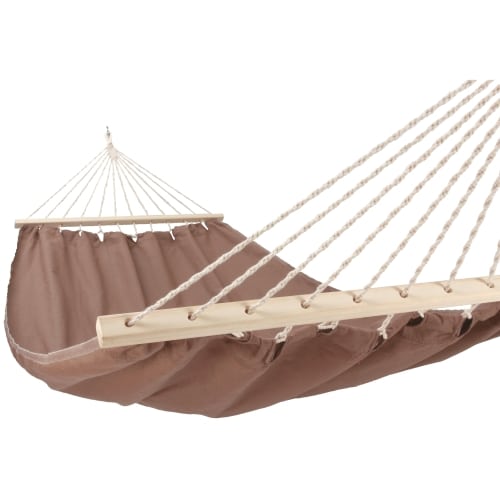 Multi colored outdoor textile crafted by the artisans of Magnolia Casual called the Hammock Chocolate Solid featuring 100 percent weather resistant fabric, weather resistant polyester fabric, sustainably sourced, artisan shown against a clean backdrop.