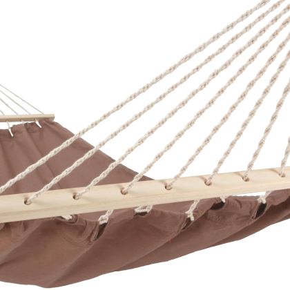 Multi colored outdoor textile crafted by the artisans of Magnolia Casual called the Hammock Chocolate Solid featuring 100 percent weather resistant fabric, weather resistant polyester fabric, sustainably sourced, artisan shown against a clean backdrop.
