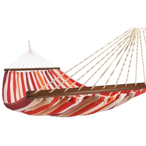 Multi colored outdoor textile crafted by the artisans of Magnolia Casual called the Hammock Cristina Stripe featuring 100 percent weather resistant fabric, weather resistant polyester fabric, sustainably sourced, artisan shown against a clean backdrop featuring with a stripe motif.
