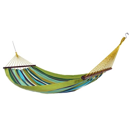 Multi colored outdoor textile crafted by the artisans of Magnolia Casual called the Hammock Citrus Stripe featuring 100 percent weather resistant fabric, weather resistant polyester fabric, sustainably sourced, artisan shown against a clean backdrop featuring with a stripe motif.