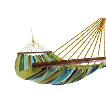 Multi colored outdoor textile crafted by the artisans of Magnolia Casual called the Hammock Citrus Stripe featuring 100 percent weather resistant fabric, weather resistant polyester fabric, sustainably sourced, artisan shown against a clean backdrop featuring with a stripe motif.