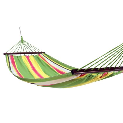 Multi colored outdoor textile crafted by the artisans of Magnolia Casual called the Hammock Fresh Lime Stripe featuring 100 percent weather resistant fabric, weather resistant polyester fabric, sustainably sourced, artisan shown against a clean backdrop featuring with a stripe motif and shades of lime.