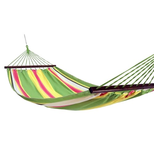 Multi colored outdoor textile crafted by the artisans of Magnolia Casual called the Hammock Fresh Lime Stripe featuring 100 percent weather resistant fabric, weather resistant polyester fabric, sustainably sourced, artisan shown against a clean backdrop featuring with a stripe motif and shades of lime.