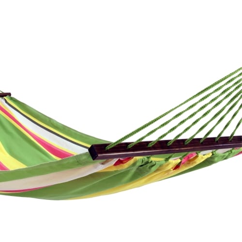 Multi colored outdoor textile crafted by the artisans of Magnolia Casual called the Hammock Fresh Lime Stripe featuring 100 percent weather resistant fabric, weather resistant polyester fabric, sustainably sourced, artisan shown against a clean backdrop featuring with a stripe motif and shades of lime.