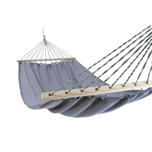 Gray outdoor textile crafted by the artisans of Magnolia Casual called the Hammock Gray Solid featuring 100 percent weather resistant fabric, weather resistant polyester fabric, sustainably sourced, artisan shown against a clean backdrop featuring shades of gray.