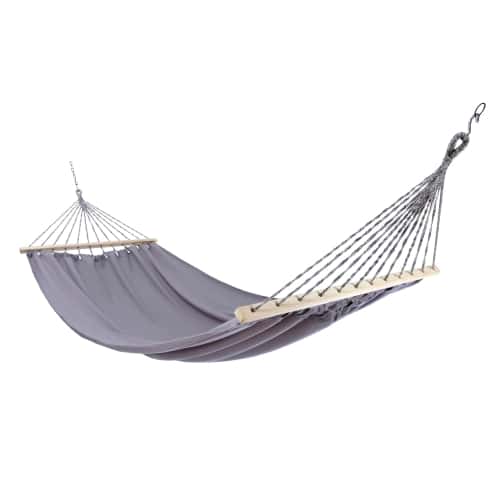 Gray outdoor textile crafted by the artisans of Magnolia Casual called the Hammock Gray Solid featuring 100 percent weather resistant fabric, weather resistant polyester fabric, sustainably sourced, artisan shown against a clean backdrop featuring shades of gray.