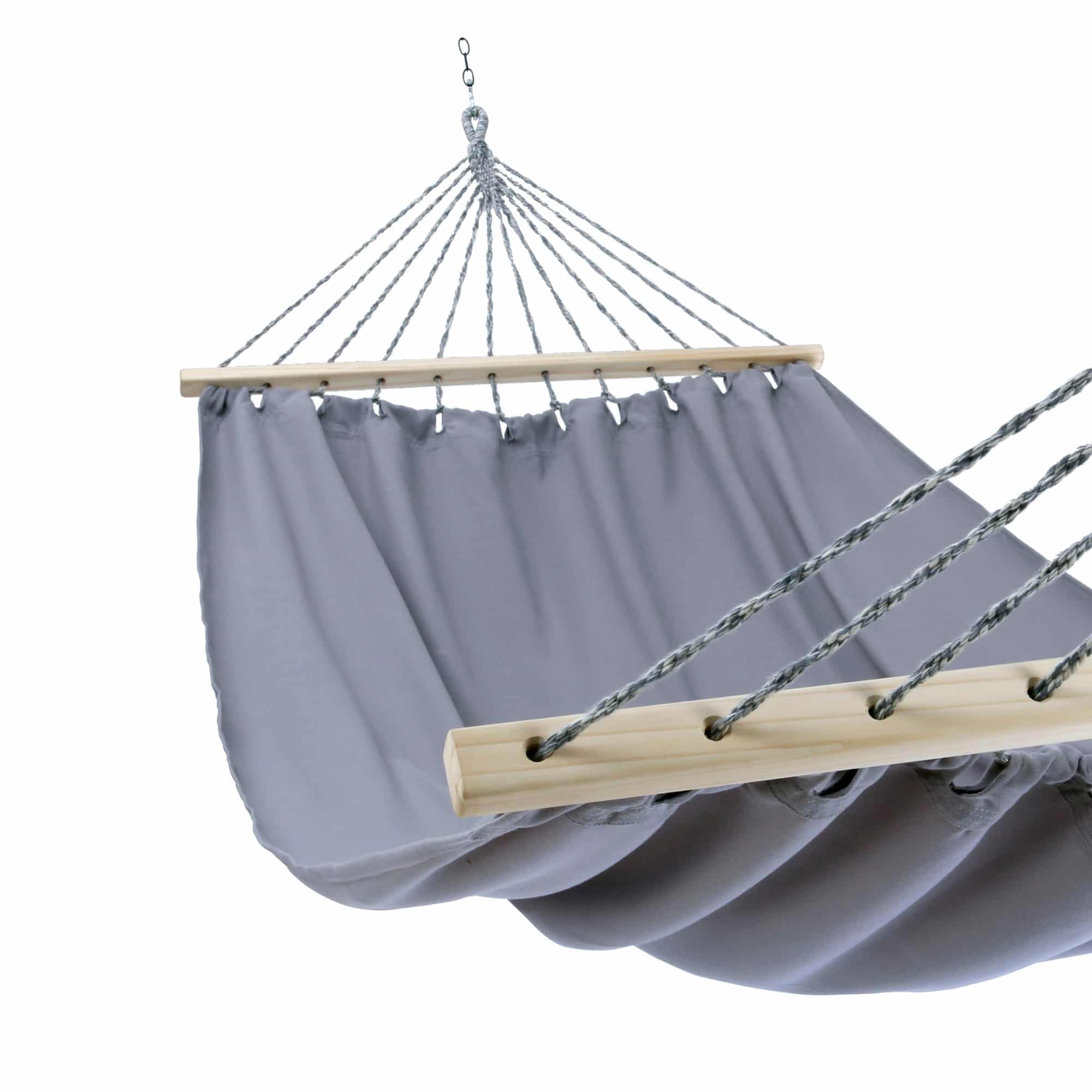 Gray outdoor textile crafted by the artisans of Magnolia Casual called the Hammock Gray Solid featuring 100 percent weather resistant fabric, weather resistant polyester fabric, sustainably sourced, artisan shown against a clean backdrop featuring shades of gray.