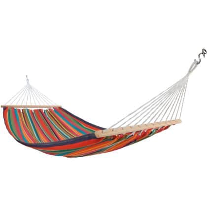 Multi colored outdoor textile crafted by the artisans of Magnolia Casual called the Hammock Le Jardin Stripe featuring 100 percent weather resistant fabric, weather resistant polyester fabric, sustainably sourced, artisan shown against a clean backdrop featuring with a stripe motif.