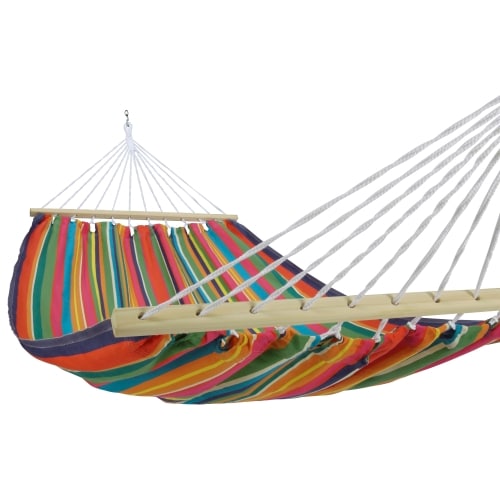 Multi colored outdoor textile crafted by the artisans of Magnolia Casual called the Hammock Le Jardin Stripe featuring 100 percent weather resistant fabric, weather resistant polyester fabric, sustainably sourced, artisan shown against a clean backdrop featuring with a stripe motif.