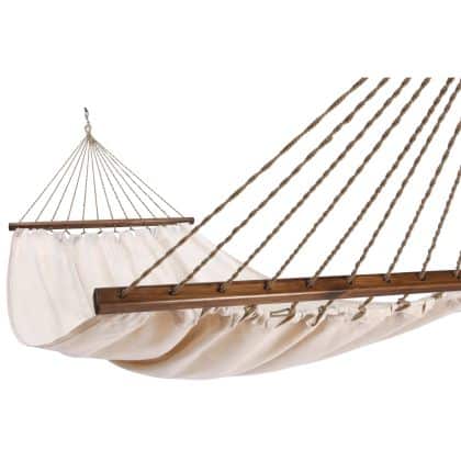 Multi colored outdoor textile crafted by the artisans of Magnolia Casual called the Hammock Latte Solid featuring 100 percent weather resistant fabric, weather resistant polyester fabric, sustainably sourced, artisan shown against a clean backdrop.