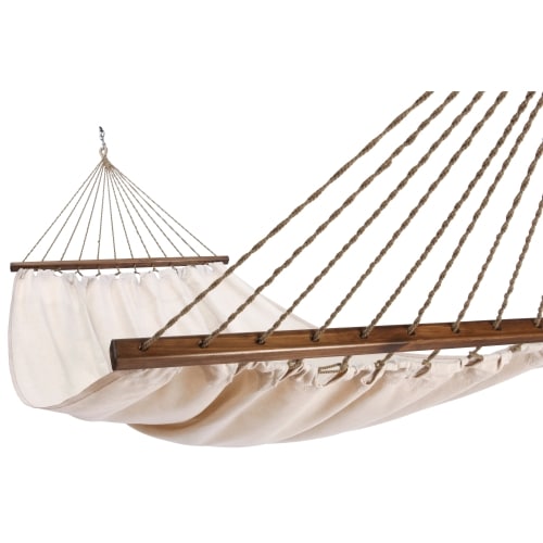 Multi colored outdoor textile crafted by the artisans of Magnolia Casual called the Hammock Latte Solid featuring 100 percent weather resistant fabric, weather resistant polyester fabric, sustainably sourced, artisan shown against a clean backdrop.