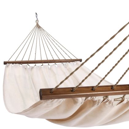 Multi colored outdoor textile crafted by the artisans of Magnolia Casual called the Hammock Latte Solid featuring 100 percent weather resistant fabric, weather resistant polyester fabric, sustainably sourced, artisan shown against a clean backdrop.