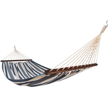 Multi colored outdoor textile crafted by the artisans of Magnolia Casual called the Hammock Marina Stripe featuring 100 percent weather resistant fabric, weather resistant polyester fabric, sustainably sourced, artisan shown against a clean backdrop featuring with a stripe motif.