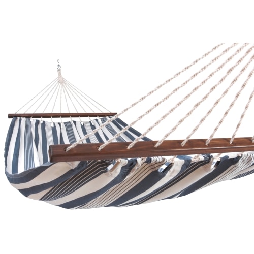 Multi colored outdoor textile crafted by the artisans of Magnolia Casual called the Hammock Marina Stripe featuring 100 percent weather resistant fabric, weather resistant polyester fabric, sustainably sourced, artisan shown against a clean backdrop featuring with a stripe motif.