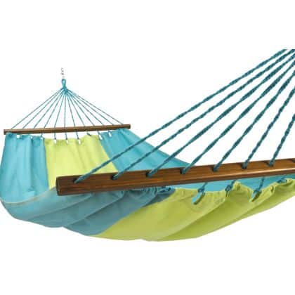 Multi colored outdoor textile crafted by the artisans of Magnolia Casual called the Hammock Meadow Mist Stripe featuring 100 percent weather resistant fabric, weather resistant polyester fabric, sustainably sourced, artisan shown against a clean backdrop featuring with a stripe motif.