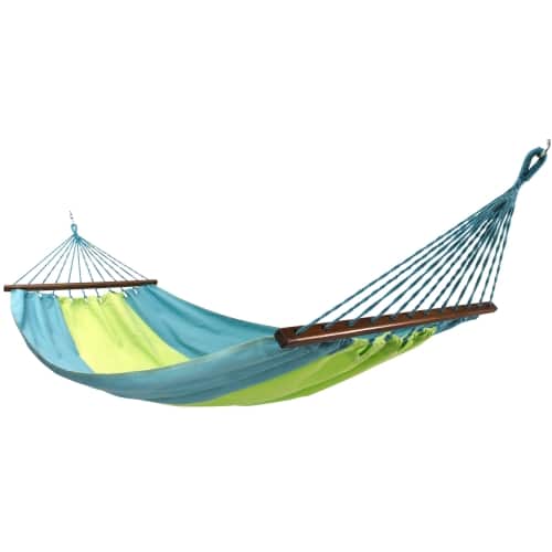 Multi colored outdoor textile crafted by the artisans of Magnolia Casual called the Hammock Meadow Mist Stripe featuring 100 percent weather resistant fabric, weather resistant polyester fabric, sustainably sourced, artisan shown against a clean backdrop featuring with a stripe motif.