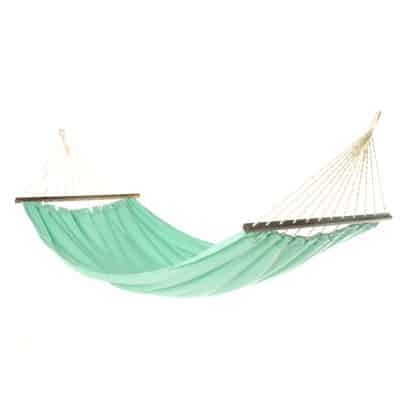 Green outdoor textile crafted by the artisans of Magnolia Casual called the Hammock Seafoam Green Solid featuring 100 percent weather resistant fabric, weather resistant polyester fabric, sustainably sourced, artisan shown against a clean backdrop featuring shades of green.