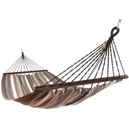 Gray outdoor textile crafted by the artisans of Magnolia Casual called the Hammock Slate Gray Stripe featuring 100 percent weather resistant fabric, weather resistant polyester fabric, sustainably sourced, artisan shown against a clean backdrop featuring with a stripe motif and shades of gray.