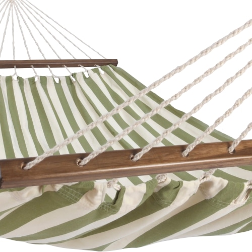 Multi colored outdoor textile crafted by the artisans of Magnolia Casual called the Hammock Summer Palms Stripe featuring 100 percent weather resistant fabric, weather resistant polyester fabric, sustainably sourced, artisan shown against a clean backdrop featuring with a stripe motif.