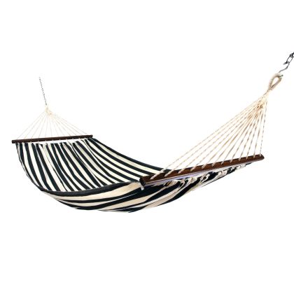 Black outdoor textile crafted by the artisans of Magnolia Casual called the Hammock True Black Stripe featuring 100 percent weather resistant fabric, weather resistant polyester fabric, sustainably sourced, artisan shown against a clean backdrop featuring with a stripe motif and shades of black.