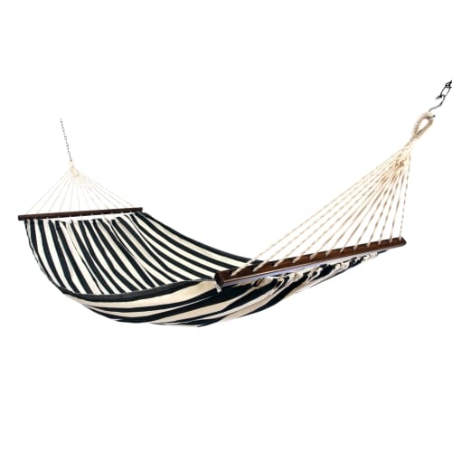 Black outdoor textile crafted by the artisans of Magnolia Casual called the Hammock True Black Stripe featuring 100 percent weather resistant fabric, weather resistant polyester fabric, sustainably sourced, artisan shown against a clean backdrop featuring with a stripe motif and shades of black.