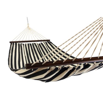 Black outdoor textile crafted by the artisans of Magnolia Casual called the Hammock True Black Stripe featuring 100 percent weather resistant fabric, weather resistant polyester fabric, sustainably sourced, artisan shown against a clean backdrop featuring with a stripe motif and shades of black.