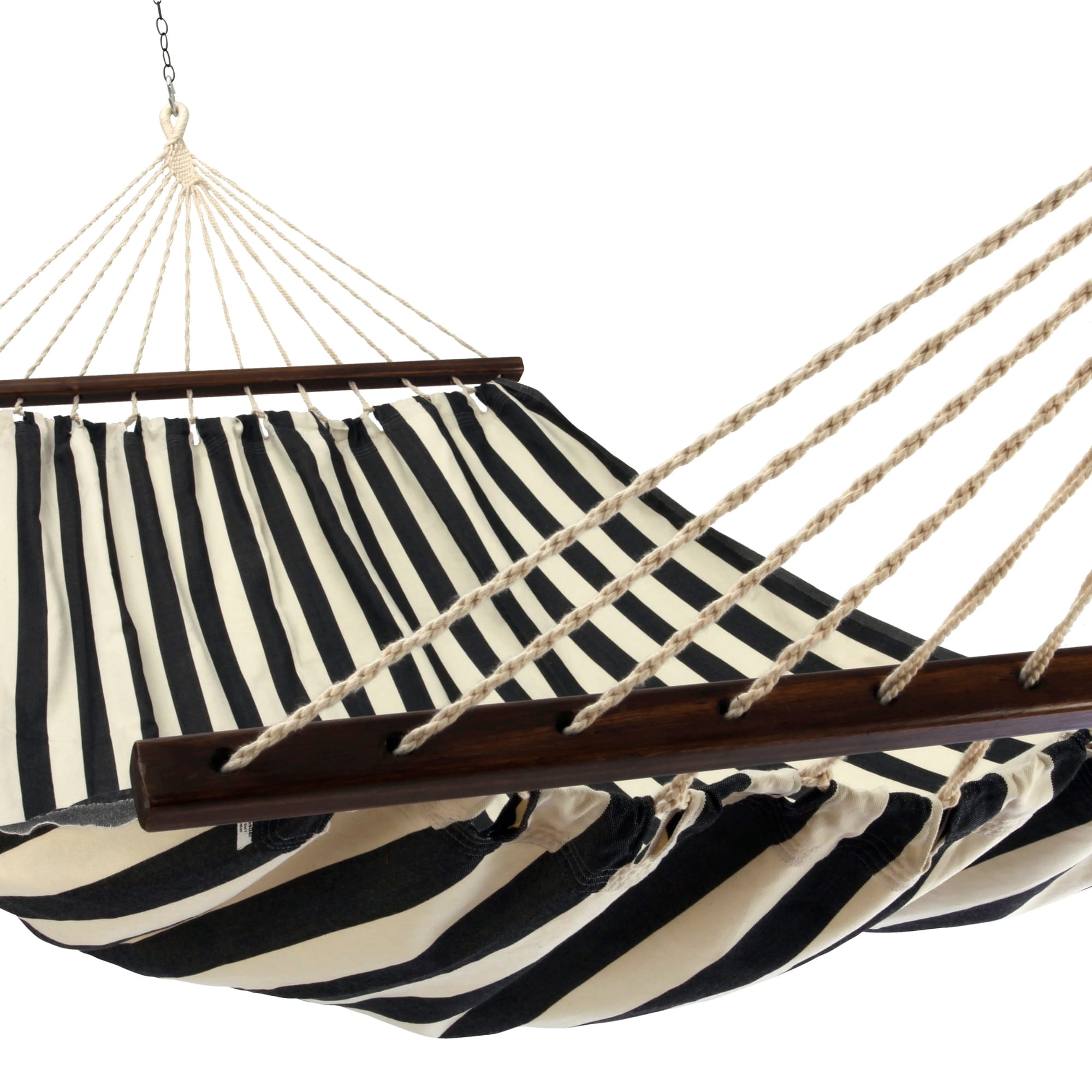 Black outdoor textile crafted by the artisans of Magnolia Casual called the Hammock True Black Stripe featuring 100 percent weather resistant fabric, weather resistant polyester fabric, sustainably sourced, artisan shown against a clean backdrop featuring with a stripe motif and shades of black.