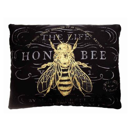 Multi colored outdoor pillow crafted by the artisans of Magnolia Casual called the Outdoor Pillow Vintage Bee 19x24 featuring 100 percent weather resistant fabric, weather resistant polyester fabric shown against a clean backdrop featuring with a bee motif.