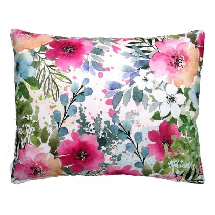 Multi colored outdoor pillow crafted by the artisans of Magnolia Casual called the Outdoor Pillow Meadow Dance 1 19x24 featuring 100 percent weather resistant fabric shown against a clean backdrop.