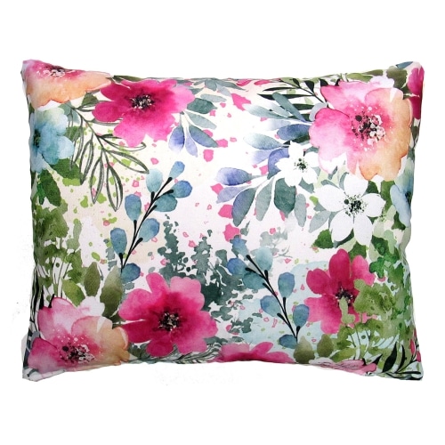 Multi colored outdoor pillow crafted by the artisans of Magnolia Casual called the Outdoor Pillow Meadow Dance 1 19x24 featuring 100 percent weather resistant fabric shown against a clean backdrop.