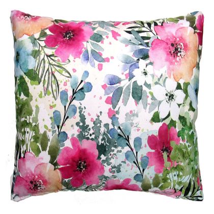 Multi colored outdoor pillow crafted by the artisans of Magnolia Casual called the Outdoor Pillow Meadow Dance 1 18x18 featuring 100 percent weather resistant fabric shown against a clean backdrop.