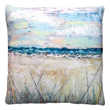 Multi colored outdoor pillow crafted by the artisans of Magnolia Casual called the Outdoor Pillow Coastal Landscape 2 18x18 featuring quality outdoor fabric, natural materials shown against a clean backdrop.
