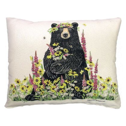 Multi colored outdoor pillow crafted by the artisans of Magnolia Casual called the Outdoor Pillow Wildflower & Bear 19x24 featuring handwoven textile shown against a clean backdrop.
