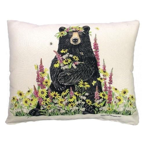 Multi colored outdoor pillow crafted by the artisans of Magnolia Casual called the Outdoor Pillow Wildflower & Bear 19x24 featuring handwoven textile shown against a clean backdrop.