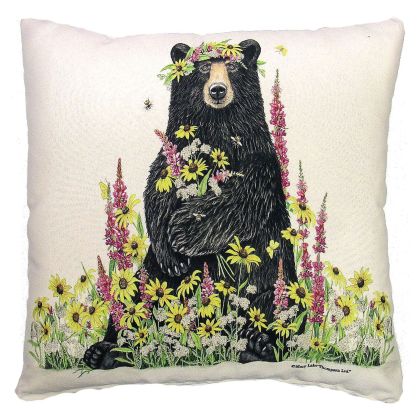 Multi colored outdoor pillow crafted by the artisans of Magnolia Casual called the Outdoor Pillow Wildflower & Bear 18x18 featuring handwoven textile shown against a clean backdrop.