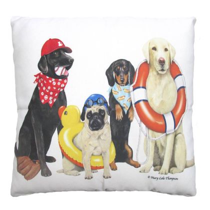 Multi colored outdoor pillow crafted by the artisans of Magnolia Casual called the Outdoor Pillow Dogs of Summer 18x18 featuring quality outdoor fabric shown against a clean backdrop.