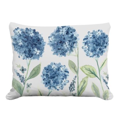 Multi colored outdoor pillow crafted by the artisans of Magnolia Casual called the Outdoor Pillow Four Hydrangeas 19x24 featuring handwoven textile, natural materials shown against a clean backdrop.