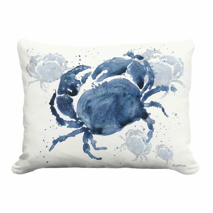 Multi colored outdoor pillow crafted by the artisans of Magnolia Casual called the Outdoor Pillow Indigo Crab 19x24 featuring quality outdoor fabric shown against a clean backdrop featuring with a crab motif.