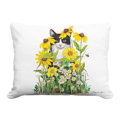 Multi colored outdoor pillow crafted by the artisans of Magnolia Casual called the Outdoor Pillow Cat with Daisies 19x24 featuring quality outdoor fabric shown against a clean backdrop featuring with a cat motif.