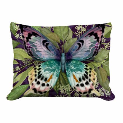 Multi colored outdoor pillow crafted by the artisans of Magnolia Casual called the Outdoor Pillow Mystic Butterfly 19x24 featuring quality outdoor fabric shown against a clean backdrop featuring with a butterfly motif.