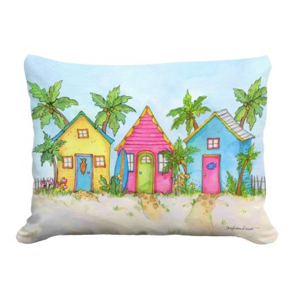 Multi colored outdoor pillow crafted by the artisans of Magnolia Casual called the Outdoor Pillow Colorful Beach Cottages 19x24 featuring quality outdoor fabric, eco friendly shown against a clean backdrop.