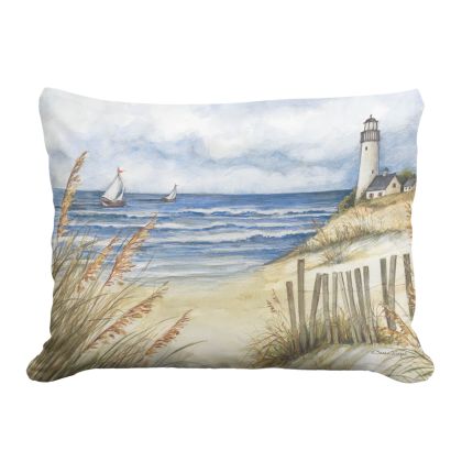 Multi colored outdoor pillow crafted by the artisans of Magnolia Casual called the Outdoor Pillow Beach and Lighthouse 19x24 featuring quality outdoor fabric shown against a clean backdrop.