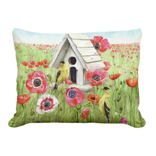 Yellow outdoor pillow crafted by the artisans of Magnolia Casual called the Outdoor Pillow Yellow Birds and Poppy Field 19x24 featuring handwoven textile shown against a clean backdrop featuring shades of yellow.