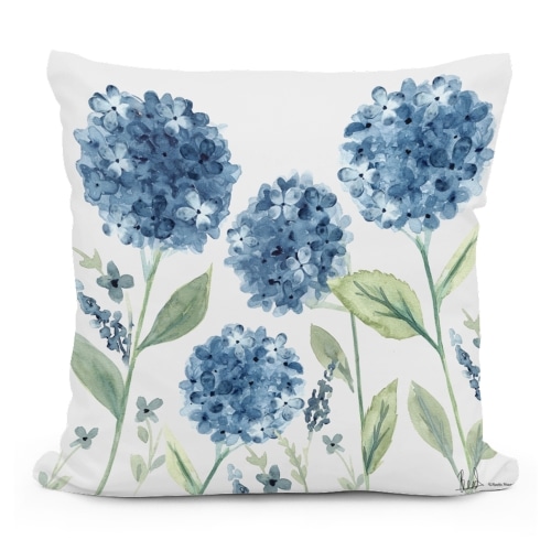 Multi colored outdoor pillow crafted by the artisans of Magnolia Casual called the Outdoor Pillow Four Hydrangeas 18x18 featuring handwoven textile, natural materials shown against a clean backdrop.